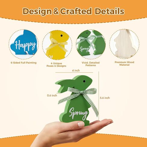 ديكور عيد الفصح، 4 قطع زينة عيد الفصح الربيعي لطاولة المكتب المنزلية، 5 ~ 6.4 بوصة زينة عيد الفصح أرنب خشبي مع أشرطة لرف صينية متدرجة، لوازم حفلات المزرعة in Kuwait