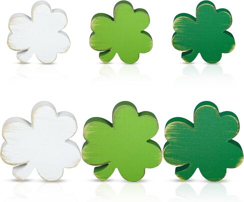 6 Pcs St. Patrick's Day Table Wooden Signs Green Shamrock Tabletop Wood Centerpieces Irish Rustic Tiered Tray Decor Lucky Clover Farmhouse Blocks for Holiday Party Home Office Decoration in Saudi Arabia