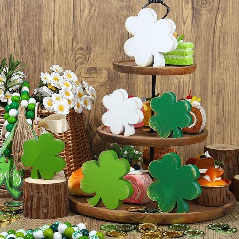 6 Pcs St. Patrick's Day Table Wooden Signs Green Shamrock Tabletop Wood Centerpieces Irish Rustic Tiered Tray Decor Lucky Clover Farmhouse Blocks for Holiday Party Home Office Decoration in Saudi Arabia