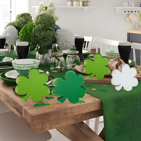 6 Pcs St. Patrick's Day Table Wooden Signs Green Shamrock Tabletop Wood Centerpieces Irish Rustic Tiered Tray Decor Lucky Clover Farmhouse Blocks for Holiday Party Home Office Decoration in Saudi Arabia