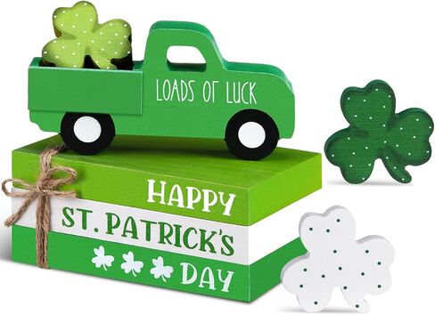 7 Pcs St Patricks Day Decorations St Patricks Day Tiered Tray Decor Irish Wood Lucky Shamrock Table Centerpiece Decor 3 Faux Books Bundle with Twine Green Truck Sign for Bookshelf Home Gift in Saudi Arabia
