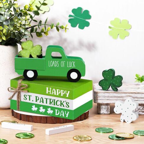 7 Pcs St Patricks Day Decorations St Patricks Day Tiered Tray Decor Irish Wood Lucky Shamrock Table Centerpiece Decor 3 Faux Books Bundle with Twine Green Truck Sign for Bookshelf Home Gift in Saudi Arabia