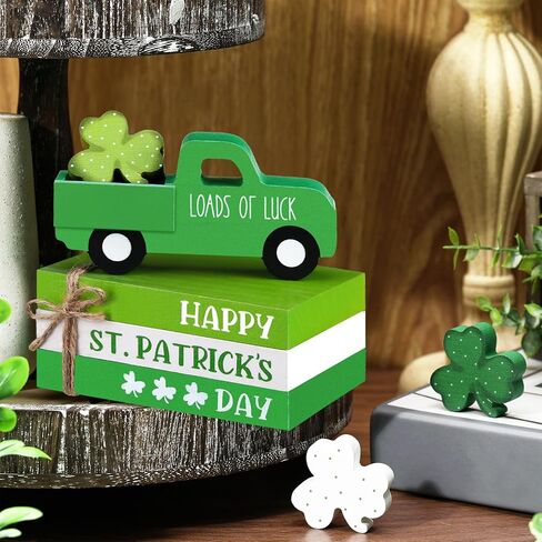 7 Pcs St Patricks Day Decorations St Patricks Day Tiered Tray Decor Irish Wood Lucky Shamrock Table Centerpiece Decor 3 Faux Books Bundle with Twine Green Truck Sign for Bookshelf Home Gift in Saudi Arabia
