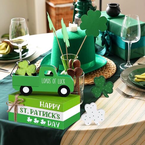 7 Pcs St Patricks Day Decorations St Patricks Day Tiered Tray Decor Irish Wood Lucky Shamrock Table Centerpiece Decor 3 Faux Books Bundle with Twine Green Truck Sign for Bookshelf Home Gift in Saudi Arabia