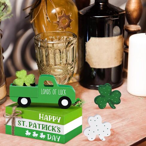 7 Pcs St Patricks Day Decorations St Patricks Day Tiered Tray Decor Irish Wood Lucky Shamrock Table Centerpiece Decor 3 Faux Books Bundle with Twine Green Truck Sign for Bookshelf Home Gift in Saudi Arabia