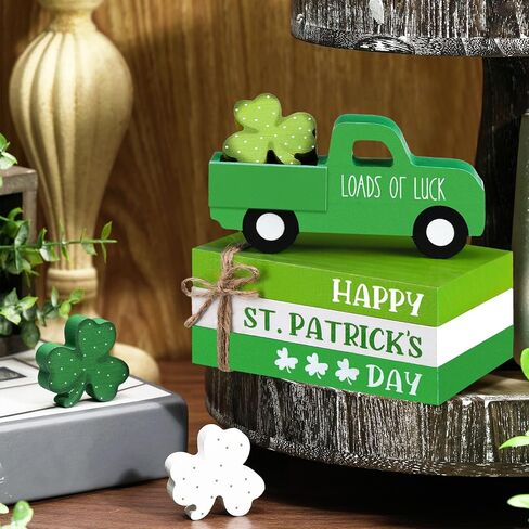 7 Pcs St Patricks Day Decorations St Patricks Day Tiered Tray Decor Irish Wood Lucky Shamrock Table Centerpiece Decor 3 Faux Books Bundle with Twine Green Truck Sign for Bookshelf Home Gift in Saudi Arabia