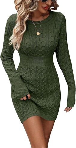 GORGLITTER Women's Raglan Sleeve Cable Knit Sweater Dress Crewneck Slim Fit Short Pencil Dresses in Kuwait