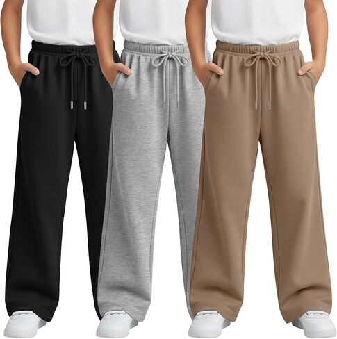 3 Pack Boy’s Baggy Sweatpants Athletic Wide Leg Joggers Elastic Waist Track Pants Open Bottom Pants with Pockets in Saudi Arabia