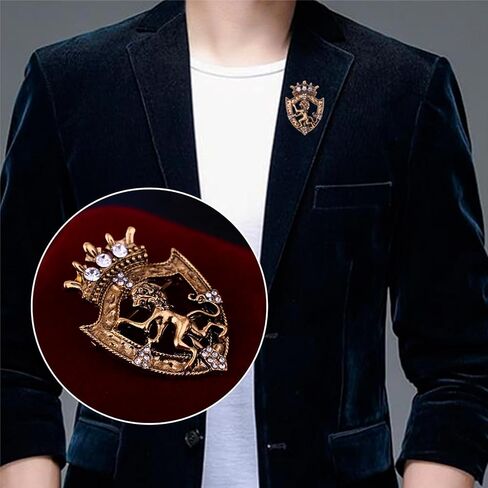 Vintage Crown Animal Brooches,Lion Rhinestone Crystal Lapel Pins,Zinc Alloy Jewelry for Men Suits Weddings Parties Fashion Accessories in Kuwait