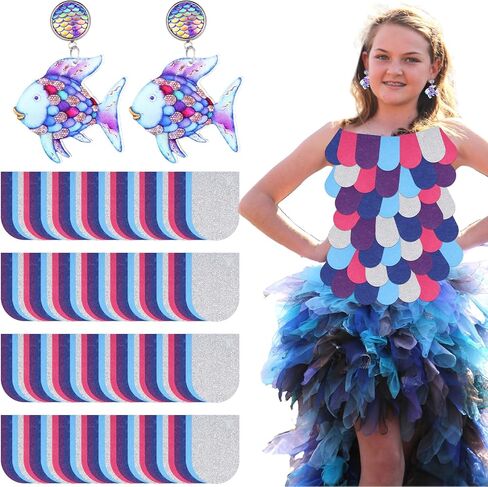Rainbow Fish Costume Set, Rainbow Fish Pendant Earrings & 60 Pcs Mermaid Scale Fabric, Book Story Character Costume Accessories for Teachers, Educators, Librarians in Saudi Arabia