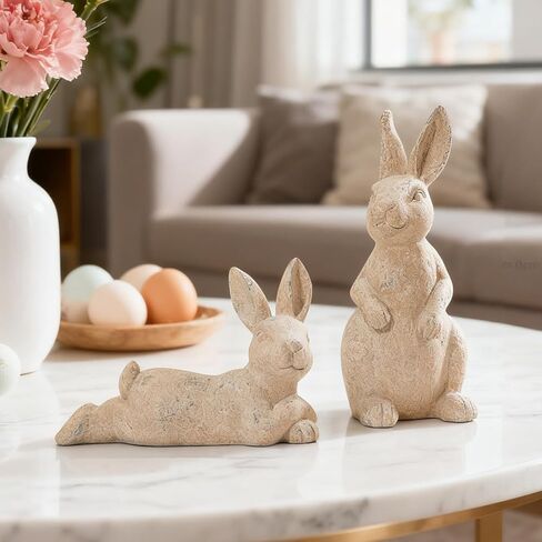 DN DECONATION Easter Decorations Bunny Figurines Set, Vintage Rabbit Statues for Easter Beige Decor & Farmhouse Home Decor, Resin Tabletop Sculptures with Stone Texture for Shelf Mantel Coffee Table in Saudi Arabia