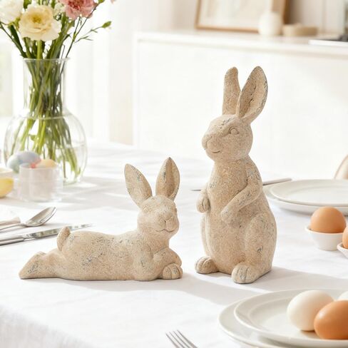 DN DECONATION Easter Decorations Bunny Figurines Set, Vintage Rabbit Statues for Easter Beige Decor & Farmhouse Home Decor, Resin Tabletop Sculptures with Stone Texture for Shelf Mantel Coffee Table in Saudi Arabia