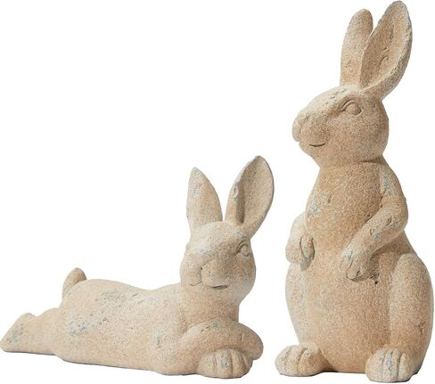DN DECONATION Easter Decorations Bunny Figurines Set, Vintage Rabbit Statues for Easter Beige Decor & Farmhouse Home Decor, Resin Tabletop Sculptures with Stone Texture for Shelf Mantel Coffee Table in Saudi Arabia