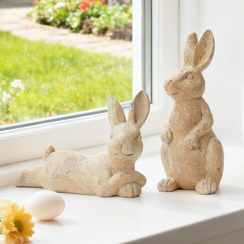 DN DECONATION Easter Decorations Bunny Figurines Set, Vintage Rabbit Statues for Easter Beige Decor & Farmhouse Home Decor, Resin Tabletop Sculptures with Stone Texture for Shelf Mantel Coffee Table in Saudi Arabia