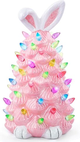 Light up Easter Bunny Decor Glowing Tree, Cute Ceramic Easter Tree Bunny Decorations for The Home Indoor Bedroom Office Decor Tabletop,Night Light for Kids Gifts (Pink) in Saudi Arabia