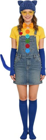 11 Pcs Blue Cat Book Character Costumes for Adults with Cat Ears Beanie, Glasses, Sticker, Bowtie, Arm Sleeves and Socks for Women Book Character Cosplay, Book Day Dress Up in Saudi Arabia