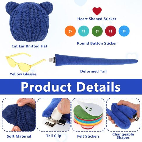 11 Pcs Blue Cat Book Character Costumes for Adults with Cat Ears Beanie, Glasses, Sticker, Bowtie, Arm Sleeves and Socks for Women Book Character Cosplay, Book Day Dress Up in Saudi Arabia