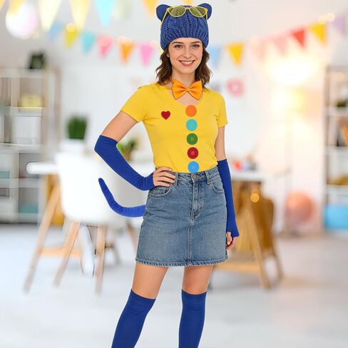 11 Pcs Blue Cat Book Character Costumes for Adults with Cat Ears Beanie, Glasses, Sticker, Bowtie, Arm Sleeves and Socks for Women Book Character Cosplay, Book Day Dress Up in Saudi Arabia