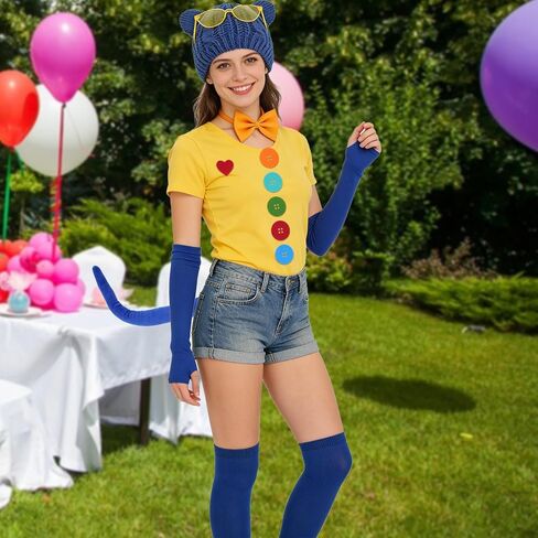 11 Pcs Blue Cat Book Character Costumes for Adults with Cat Ears Beanie, Glasses, Sticker, Bowtie, Arm Sleeves and Socks for Women Book Character Cosplay, Book Day Dress Up in Saudi Arabia