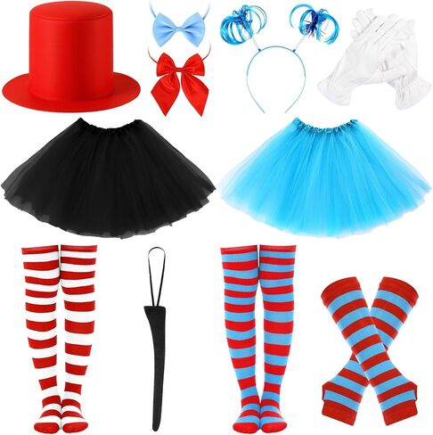 11 Pcs Tulle Tutu Costume Set Tutu Skirt for Women Red Blue Striped High Socks Headband Sleeves Gloves Set Accessories for Parties in Saudi Arabia