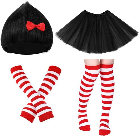 Geyoga 5 قطعة قبعة القط زي مجموعة الأزرق شيء زي مجموعة شعر مستعار أحمر القوس توتو تنورة جوارب مخططة وقفازات للنساء in Kuwait