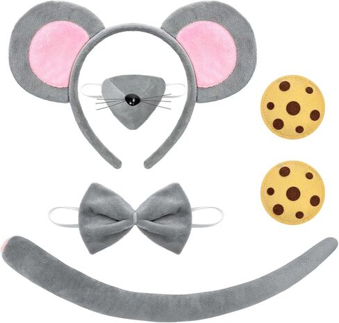 6PCS Mouse Costume Set Mouse Ears Headband Nose Bow Tie Tail and 2PC Cookie Brooches Costume for Halloween,Birthday, Christmas, Cosplay Dress Up Party Decorations in Kuwait