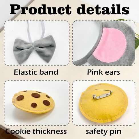 6PCS Mouse Costume Set Mouse Ears Headband Nose Bow Tie Tail and 2PC Cookie Brooches Costume for Halloween,Birthday, Christmas, Cosplay Dress Up Party Decorations in Kuwait