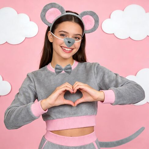 6PCS Mouse Costume Set Mouse Ears Headband Nose Bow Tie Tail and 2PC Cookie Brooches Costume for Halloween,Birthday, Christmas, Cosplay Dress Up Party Decorations in Kuwait