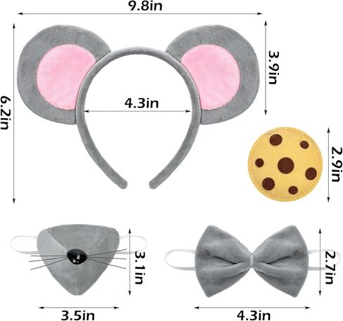 6PCS Mouse Costume Set Mouse Ears Headband Nose Bow Tie Tail and 2PC Cookie Brooches Costume for Halloween,Birthday, Christmas, Cosplay Dress Up Party Decorations in Kuwait