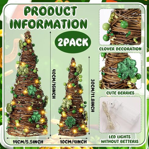 Soulchen 2 Pcs St. Patrick's Day Rattan Cone Tree Table Centerpieces Decorative Rattan Table Tree with Shamrock and Berries LED Lights for Irish Home Shelf Festival Indoor Outdoor Party Decoration in Saudi Arabia