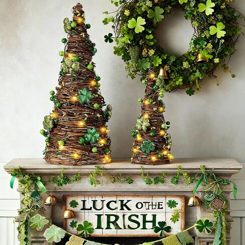 Soulchen 2 Pcs St. Patrick's Day Rattan Cone Tree Table Centerpieces Decorative Rattan Table Tree with Shamrock and Berries LED Lights for Irish Home Shelf Festival Indoor Outdoor Party Decoration in Saudi Arabia