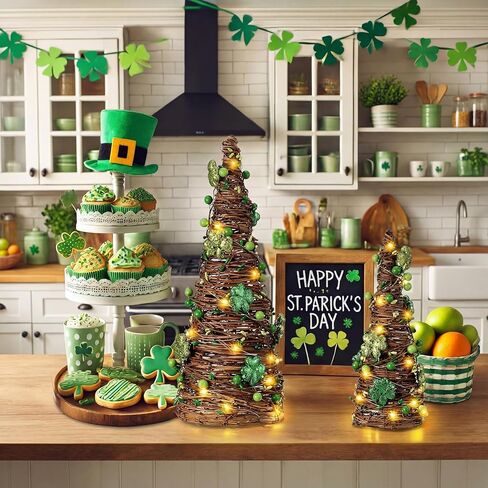 Soulchen 2 Pcs St. Patrick's Day Rattan Cone Tree Table Centerpieces Decorative Rattan Table Tree with Shamrock and Berries LED Lights for Irish Home Shelf Festival Indoor Outdoor Party Decoration in Saudi Arabia