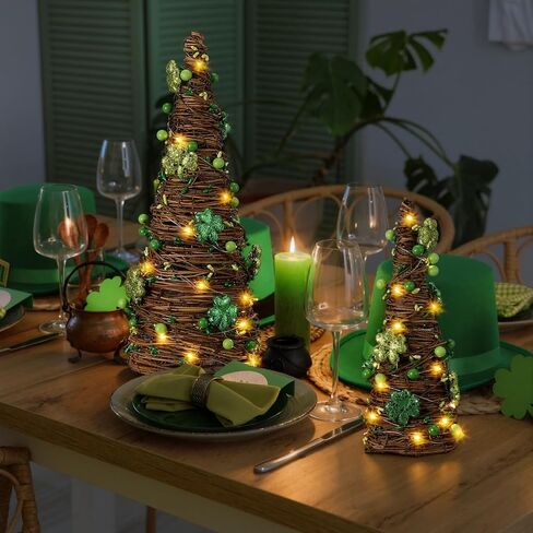 Soulchen 2 Pcs St. Patrick's Day Rattan Cone Tree Table Centerpieces Decorative Rattan Table Tree with Shamrock and Berries LED Lights for Irish Home Shelf Festival Indoor Outdoor Party Decoration in Saudi Arabia