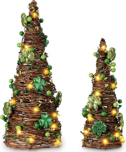 Soulchen 2 Pcs St. Patrick's Day Rattan Cone Tree Table Centerpieces Decorative Rattan Table Tree with Shamrock and Berries LED Lights for Irish Home Shelf Festival Indoor Outdoor Party Decoration in Saudi Arabia