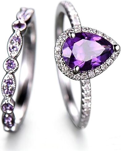 Sdouefos 2 قطعة خواتم خطوبة نسائية أرجوانية تشيكوسلوفاكيا 925 من الفضة الإسترلينية اللامعة خاتم الجمشت المسيل للدموع على شكل قطرة مكعبة زركونيا مجموعة خواتم الوعد (رمز الولايات المتحدة 7) in Kuwait