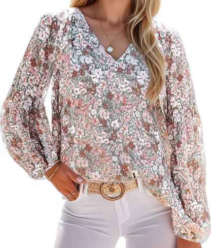 Long Sleeve Blouses for Women Casual Lightweight Boho Tops Floral Print Loose Spring Shirts Multicolor XL in Kuwait
