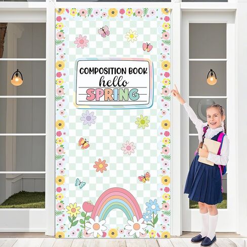 Spring Composition Notebook Classroom Door Cover Green Floral Butterfly Rainbow Hanging Banner Back to School First Day of School Welcome Backdrop Wall Door Decor for Kindergarten Preschool Elementary in Saudi Arabia