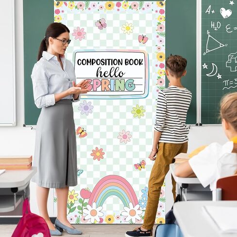 Spring Composition Notebook Classroom Door Cover Green Floral Butterfly Rainbow Hanging Banner Back to School First Day of School Welcome Backdrop Wall Door Decor for Kindergarten Preschool Elementary in Saudi Arabia