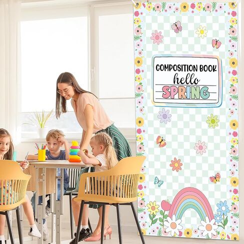 Spring Composition Notebook Classroom Door Cover Green Floral Butterfly Rainbow Hanging Banner Back to School First Day of School Welcome Backdrop Wall Door Decor for Kindergarten Preschool Elementary in Saudi Arabia