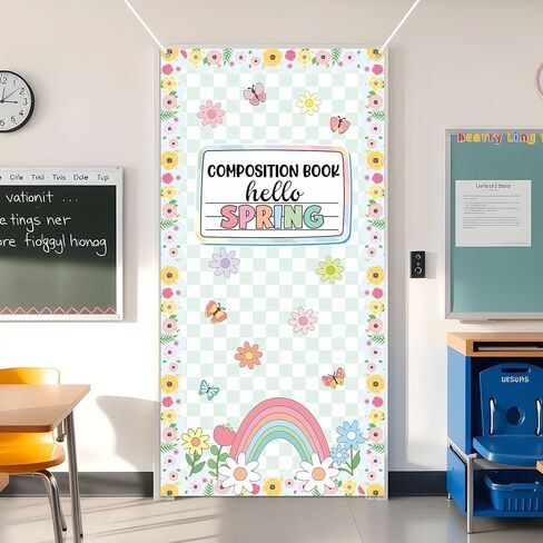Spring Composition Notebook Classroom Door Cover Green Floral Butterfly Rainbow Hanging Banner Back to School First Day of School Welcome Backdrop Wall Door Decor for Kindergarten Preschool Elementary in Saudi Arabia