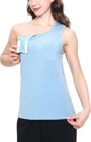 Landofgenie Women's Shoulder Surgery Shirt with Snap Buttons - Sleeveless Recovery Tee with Inner Pocket for Mastectomy in Saudi Arabia