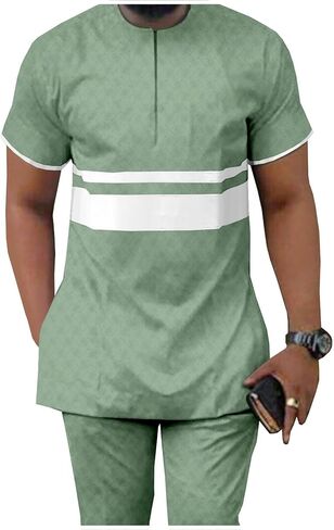 APTX الملابس الرجالية الأفريقية Dashiki القمصان والسراويل 2 قطعة وتتسابق المحاصيل ملابس علوية قصيرة الأكمام حجم كبير عادية in Kuwait