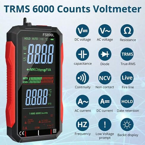 USB Rechargeable Digital Multimeter 6000 Counts Large Color Screen & Backlight FS899L Smart Auto Ranging Multimeter True RMS Digital Voltmeter Multi Meter Digital Tester for Automotive Home in Kuwait