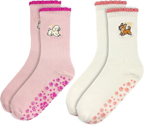 Pilates Grip Ankle Socks for Women – Cute Puppy Embroidered Yoga Socks, Non Slip Barre Grip Socks in Kuwait