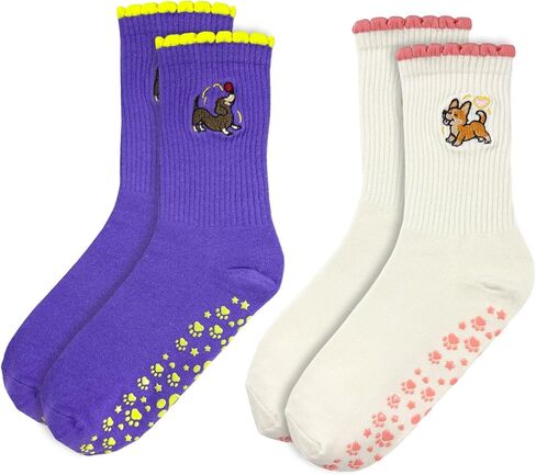 Pilates Grip Ankle Socks for Women – Cute Puppy Embroidered Yoga Socks, Non Slip Barre Grip Socks in Saudi Arabia