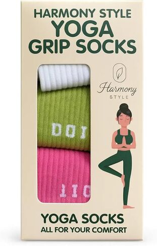 Pilates Grip Socks for Women – Non Slip Yoga & Barre Crew Socks with Grippers, Sticky Hospital Socks, 3 Pairs Multi Color Pack in Saudi Arabia