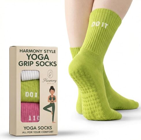 Pilates Grip Socks for Women – Non Slip Yoga & Barre Crew Socks with Grippers, Sticky Hospital Socks, 3 Pairs Multi Color Pack in Saudi Arabia