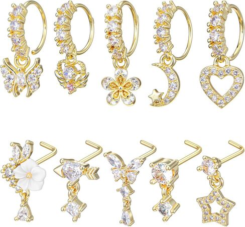 10 قطع 20 جرام حلقات الأنف المتدلية الأطواق على شكل حرف L ترصيع الأنف النحاس تشيكوسلوفاكيا زهرة نجمة فراشة القلب المتدلي ثقب الأنف لطيف الهندي ثقب المجوهرات للنساء in Kuwait