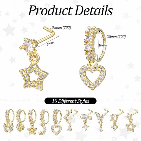 10 قطع 20 جرام حلقات الأنف المتدلية الأطواق على شكل حرف L ترصيع الأنف النحاس تشيكوسلوفاكيا زهرة نجمة فراشة القلب المتدلي ثقب الأنف لطيف الهندي ثقب المجوهرات للنساء in Kuwait