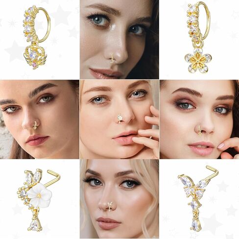 10 قطع 20 جرام حلقات الأنف المتدلية الأطواق على شكل حرف L ترصيع الأنف النحاس تشيكوسلوفاكيا زهرة نجمة فراشة القلب المتدلي ثقب الأنف لطيف الهندي ثقب المجوهرات للنساء in Kuwait